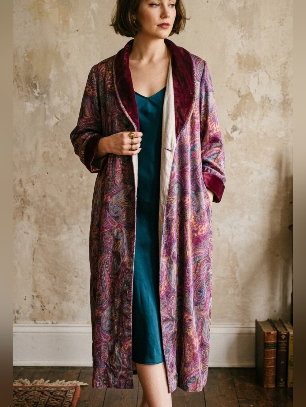 Vintage Styled by Saybury Paisley Velvet Trim Robe Long Dressing Gown Pink Purpl
